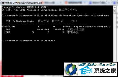输入“netsh interface ipv4 show subinterfaces” win8系统玩dnf时一直卡在选择角色界面的解决方法